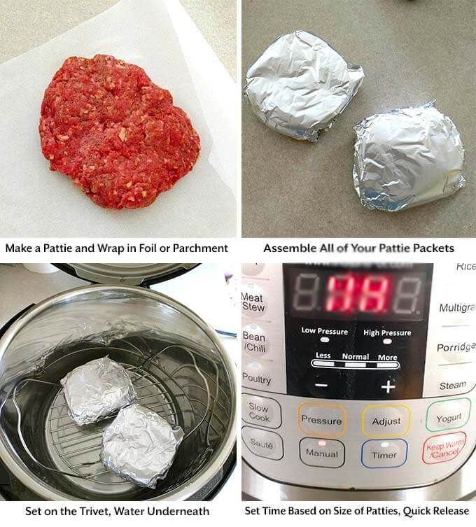Four process images showing the meat patie wropped up in foil and placed on a trivet with the pressure cooker cook time set