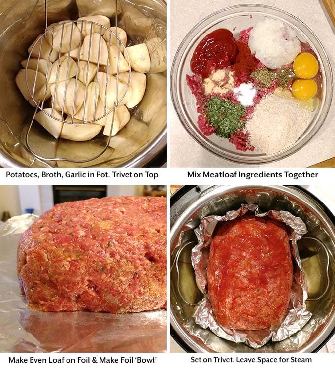 four process images showing adding pototoes and a trivet to a pressure cooker pot, then mixing the meatloaf ingredients together in a glass bowl, then forming the loaf before putting it on the trivet
