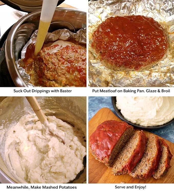 Four process images showing the removal of the drippings, glazing the meatloaf and making the mashed potatoes in the pressure cooker pot before showing the finished product on a wooden cutting board and black bowl