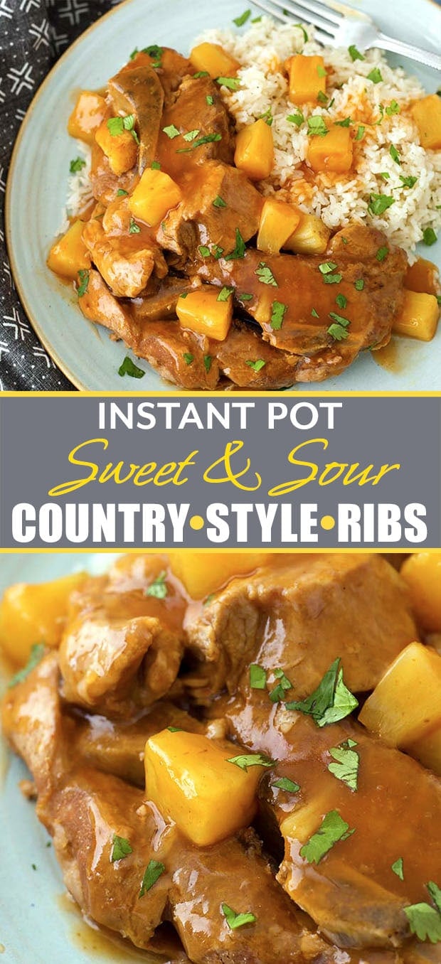 Instant Pot Sweet and Sour Country Ribs have a delicious tangy-sweet sauce, and the meat is fork tender. These pressure cooker country style ribs are easy to make and they are so good! simplyhappyfoodie.com #instantpotrecipes #instantpotribs #instantpotcountrystyleribs #instantpotsweetandsourribs #pressurecookerribs #pressurecookerporkribs