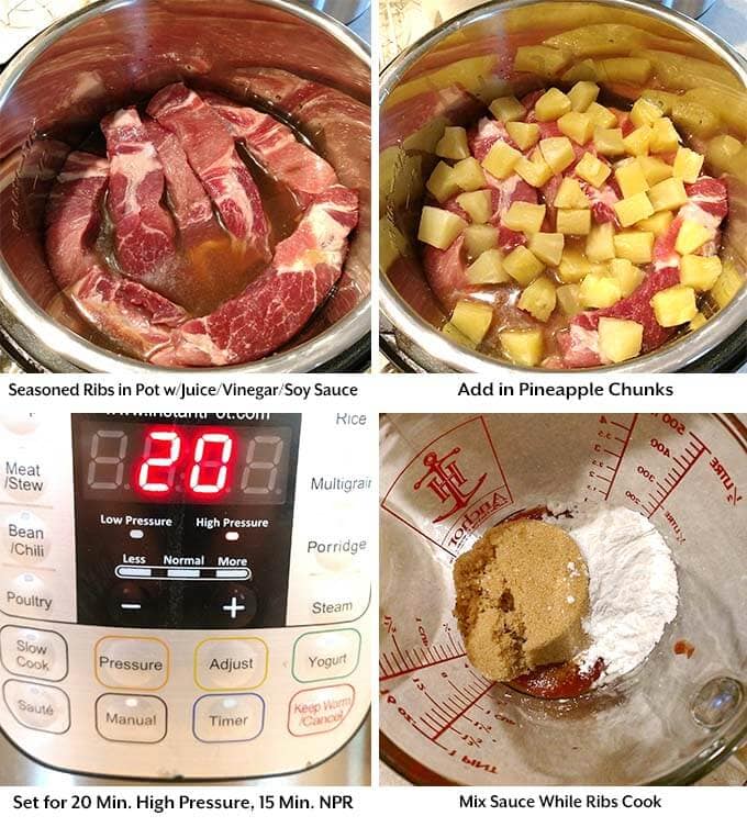 four process images showing seasoned ribs with liquid in the pressure cooker pot, then the addition of pineapple chunks before setting the pressure cooker cook time and mixing the sauce in a glass measuring cup while ribs cook