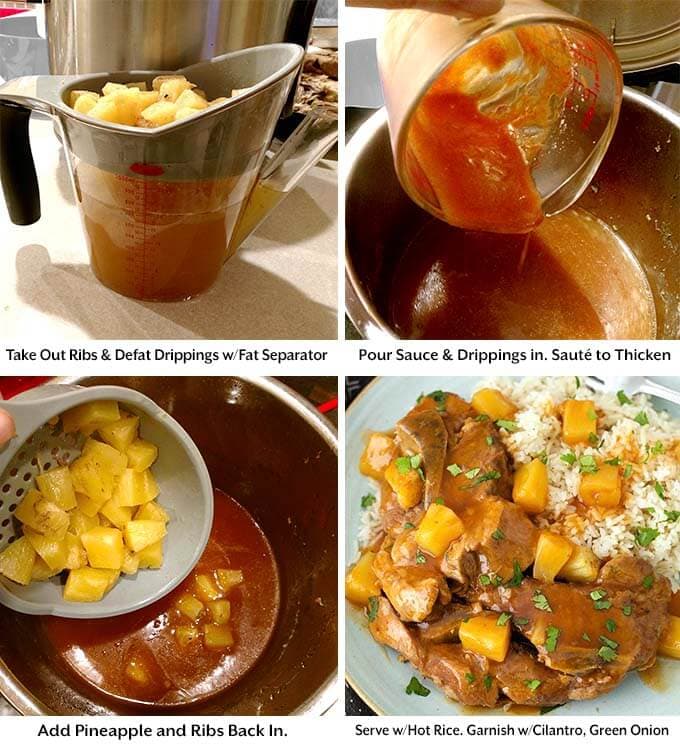 Four process images showing the removal of ribs and defatting the drippings before pouring sauce and drippings into the pot and then adding everything else back into the pot