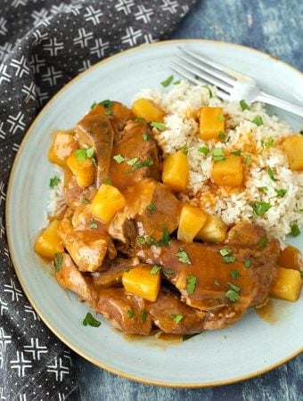 Sweet and Sour Country Ribs on a bluish-gray plate