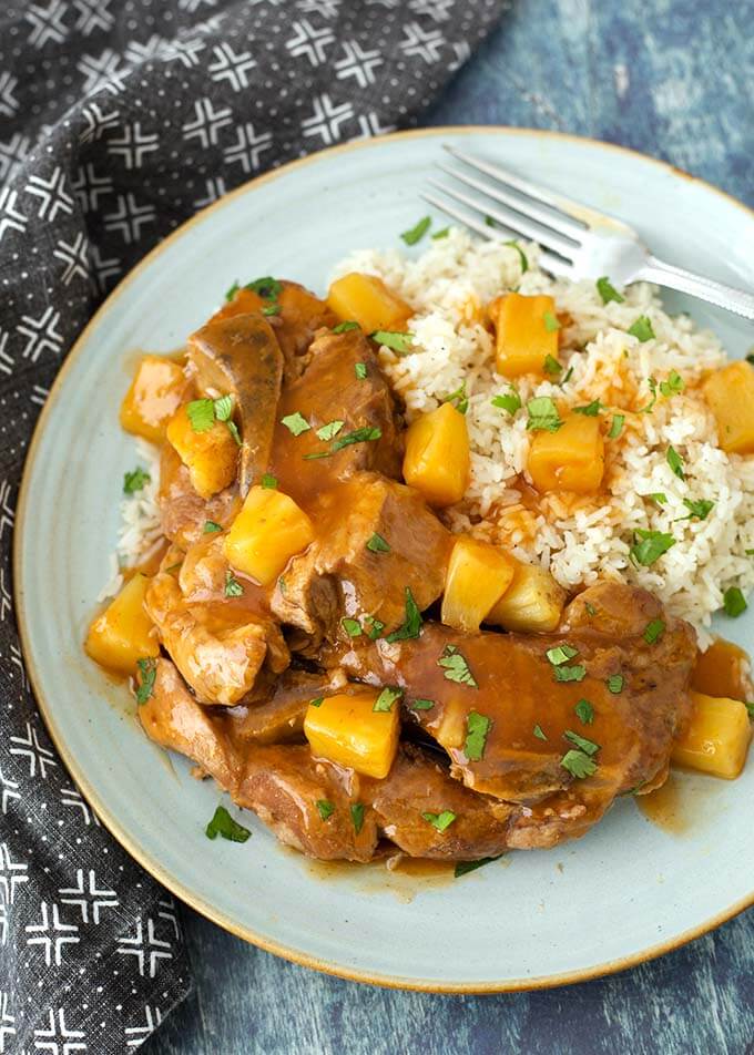 Sweet and Sour Country Ribs on a bluish-gray plate