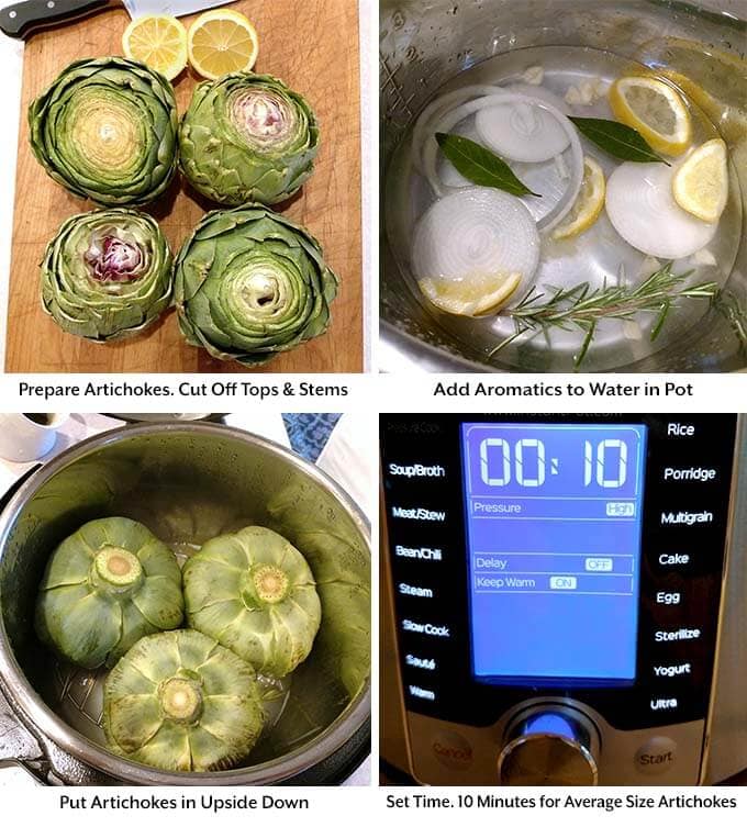 Four process images showing artichokes with tops and stems removed on a wooden cutting board, adding aromatics to water in pressure cooker pot, then adding artichokes upside down to pot before setting pressure cooker cooking time