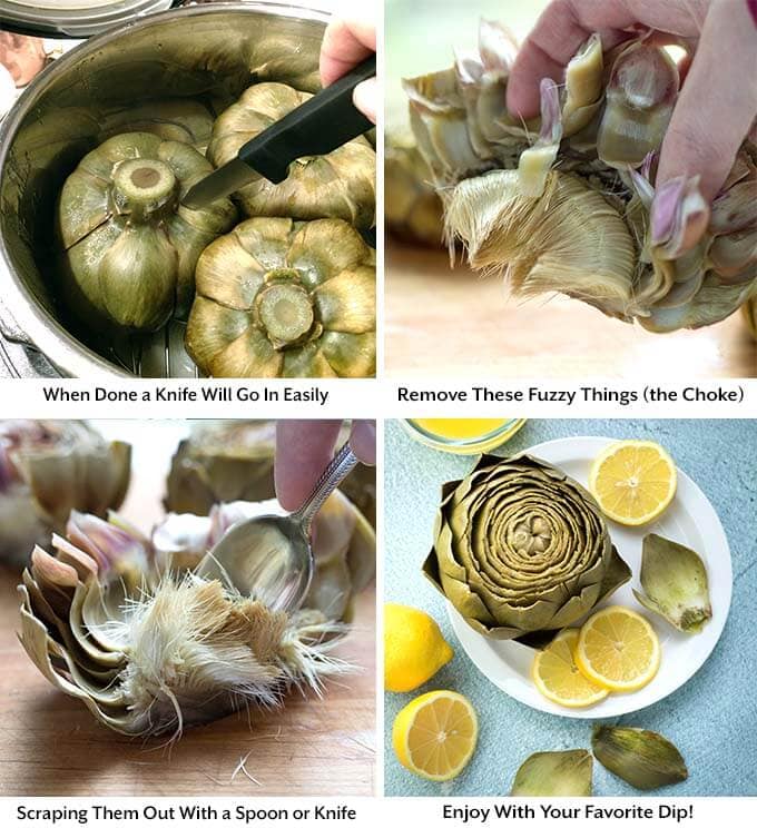 Four process images showing cutting the artichokes and removing the choke before showing the instant pot artichoke on a white plate