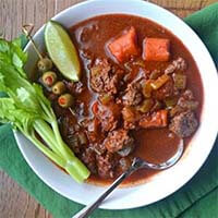 Bloody Mary Goulash in a white bowl