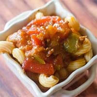 Pressure Cooker Ground Beef Goulash - Italian Style in a square white bowl