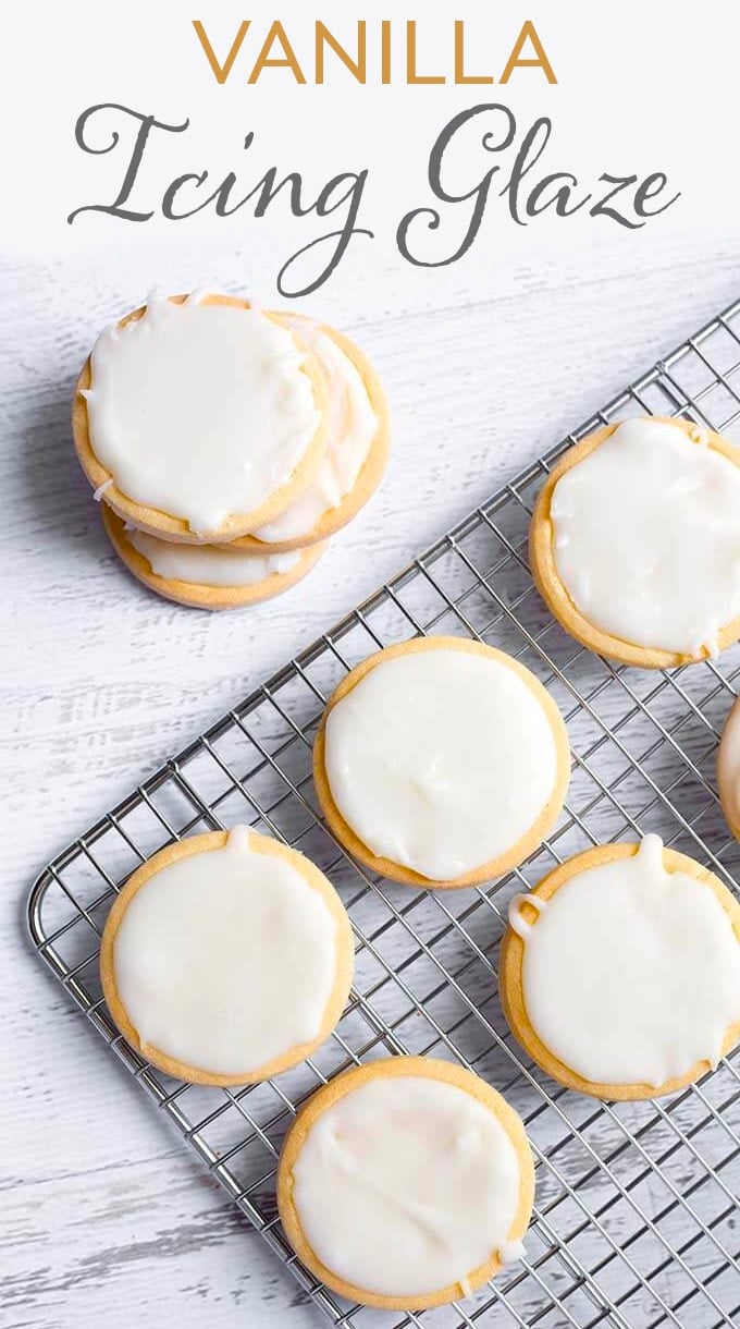Vanilla Icing Glaze is perfect to ice cookies. This icing makes a great bundt cake glaze, donut glaze, cinnamon roll icing, and cake icing glaze. Vanilla flavored glaze that sets up perfectly. simplyhappyfoodie.com #vanillaicingglaze #vanillaicing #vanillaglaze #vanillafrosting #bundtcakeglaze #cookieicing