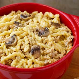 Cheeseburger Pasta in a red bowl