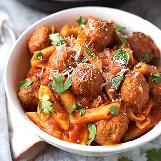 Meatball Pasta Dinner in a white bowl