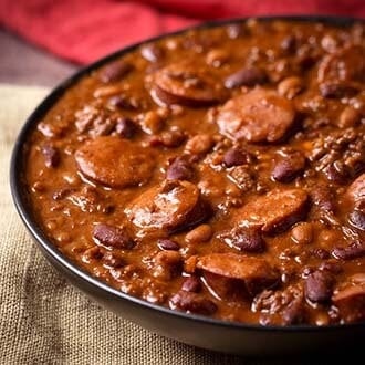 Cowboy Beans in a black bowl