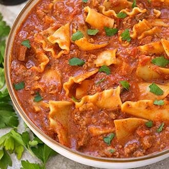 Easy Lasagna Soup in a beige bowl