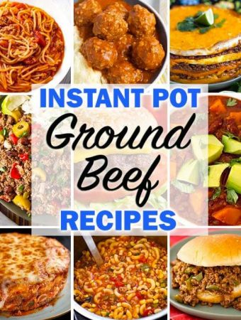 Instant Pot Ground Beef Recipes title graphic with several images of beef dishes