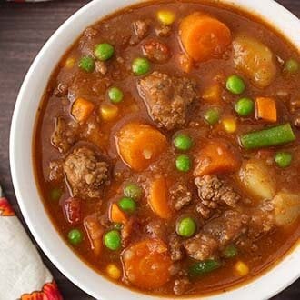 Hamburger Soup in a white bowl