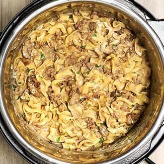 Top view of Hamburger Stroganoff in a pressure cooker