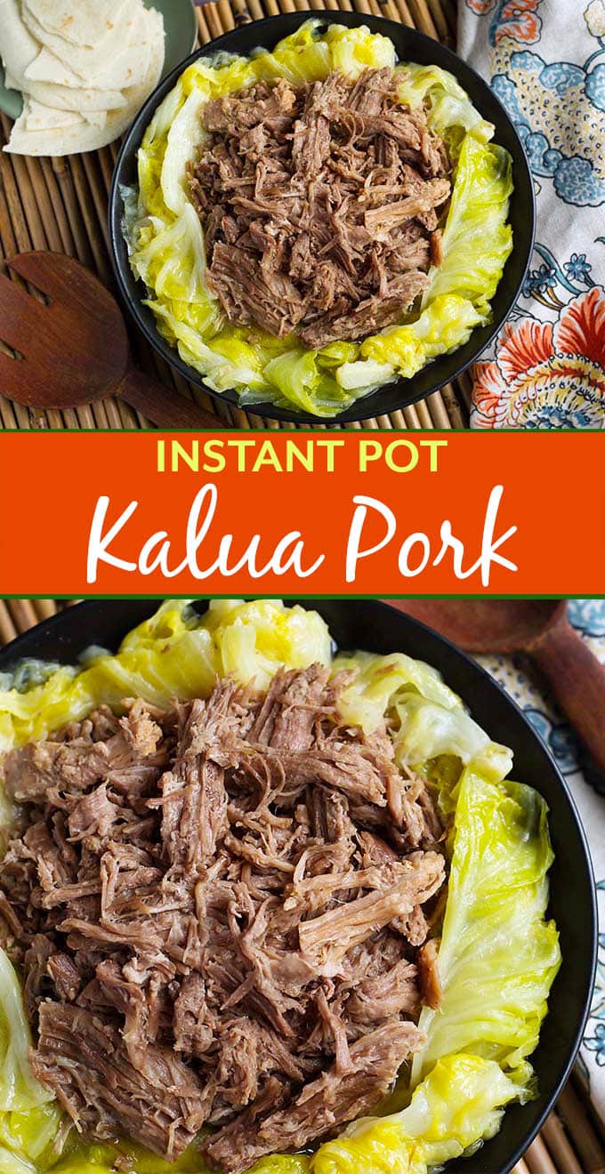 Instant Pot Kalua Pork tastes like you are eating at a luau! The pork is seasoned with red Hawaiian sea salt, garlic, and smoky bacon. This pressure cooker Kalua Pork is fall apart tender, and has the unique flavor of the Islands! simplyhappyfoodie.com #instantpotrecipes #instantpotkaluapork #instantpotkaluapig #instantpotpork #pressurecookerkaluapork