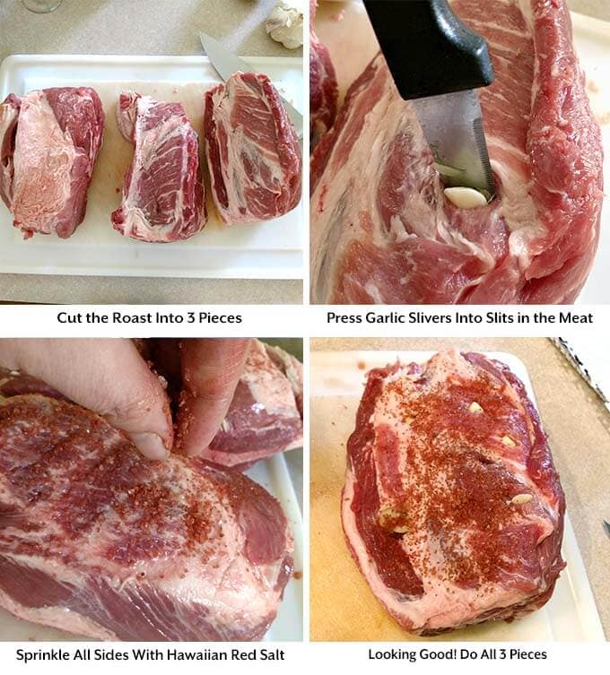 Four process images showing how to cut the roast, pressing garlic into meat, and sprinkling all sides with salt