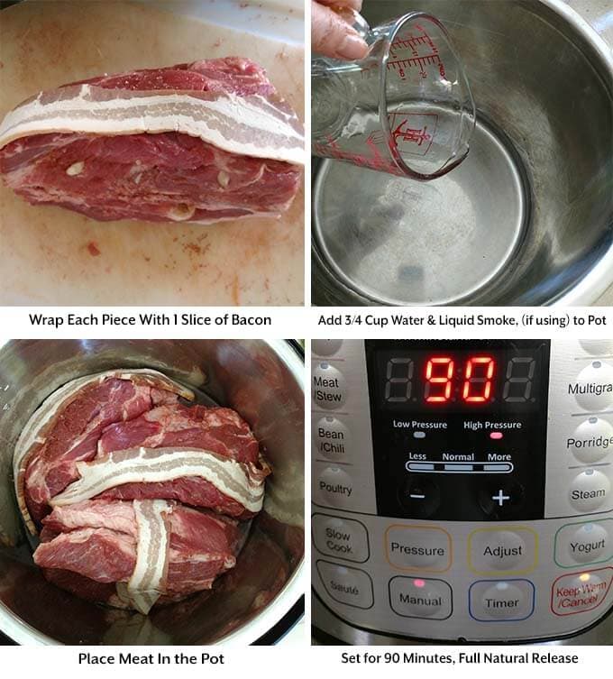 Four process images showing meat wrapped with bacon, adding liquids to the pressure cooker pot before placing meat in the pot and setting the cook time