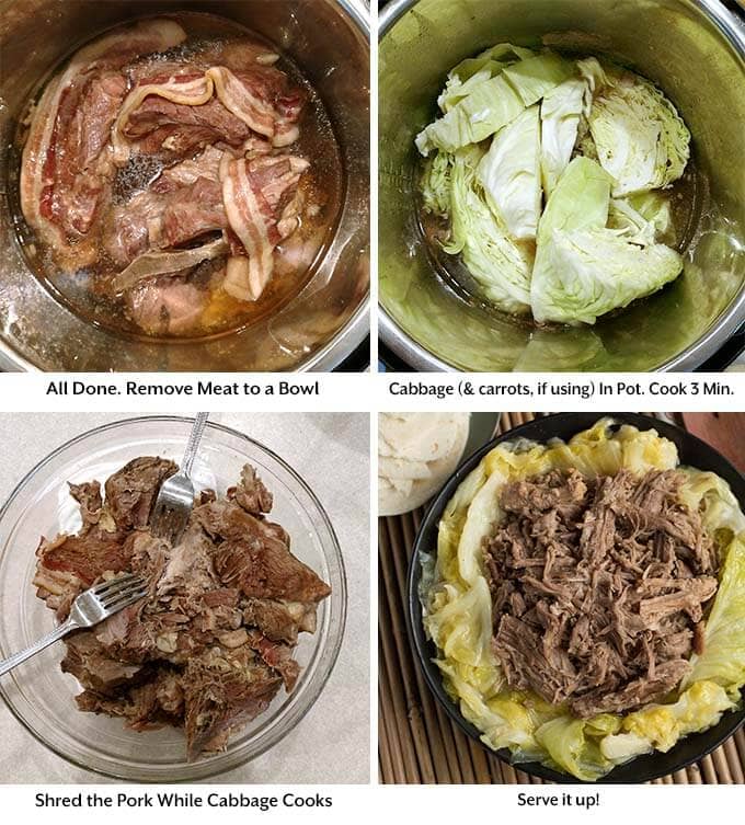 Four process images showing the meat cooked and removed to another bowl, then adding the vegetables into the pressure cooker pot, and then the final product of pork and cabbage on a black plate