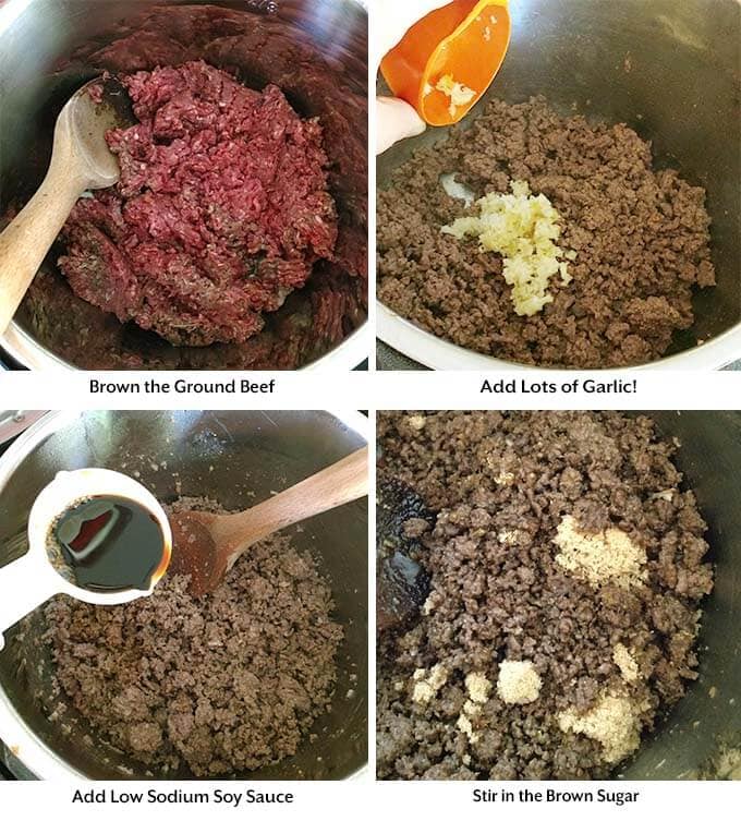 Four process images showing the browning of beef and adding in the other ingredients into a pressure cooker pot