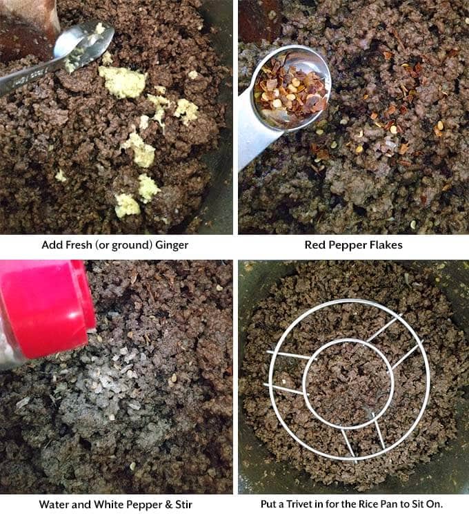 Four process images showing the addition of seasonings and placing a trivet into a pressure cooker pot