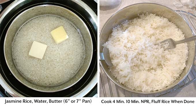 two images showing how to make rice at the same time as the Cashew Chicken
