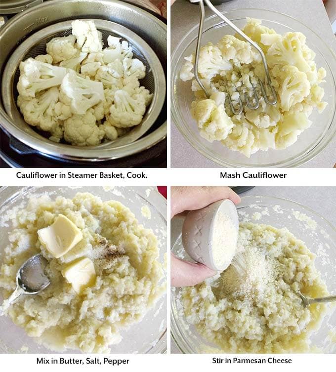 Four process images showing uncooked cauliflower in a steamer basket inside of a pressure cooker, mashing cooked cauliflower in a galss bowl before mixing with remaining ingredients