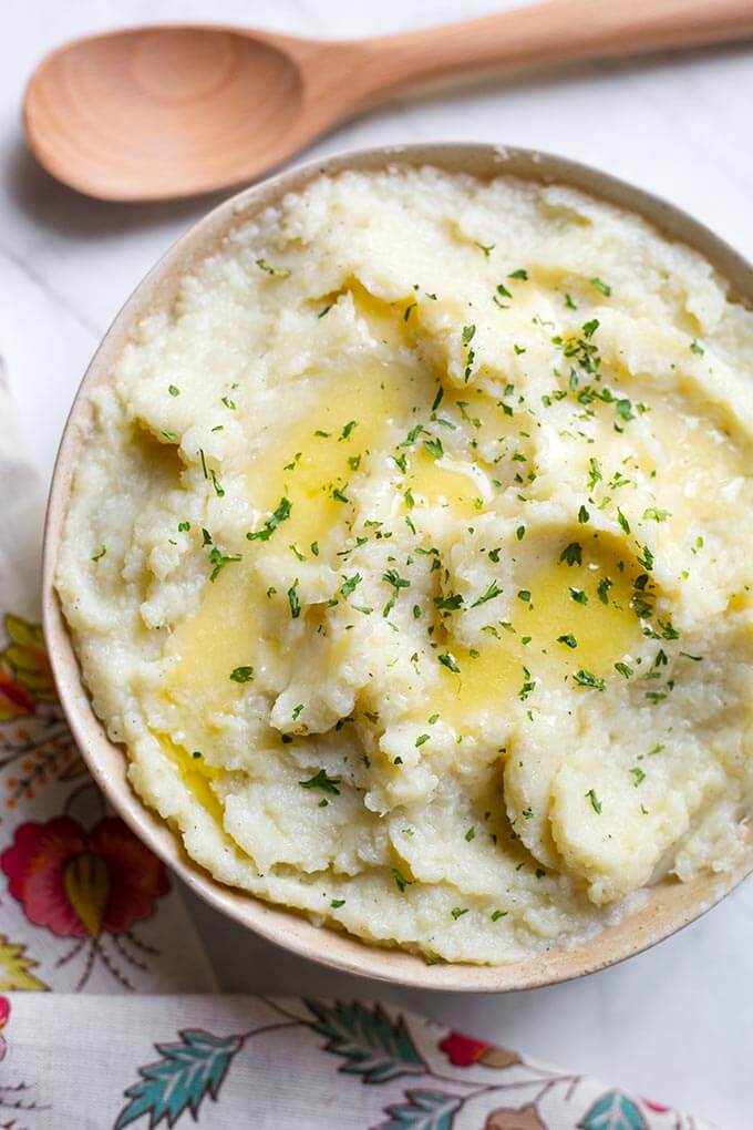 Mashed Cauliflower in a beige bowl