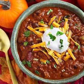 Pumpkin Chili in a turquoise-gray bowl