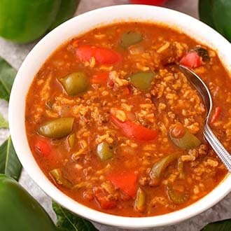 Stuffed Pepper Soup in a white bowl