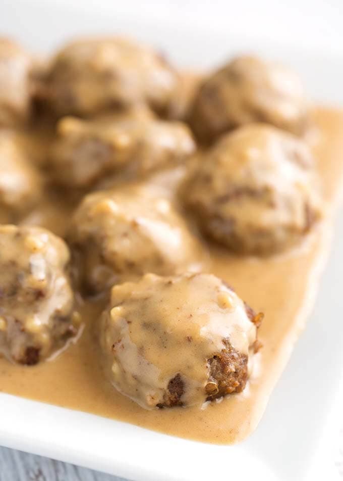 Closeup of Swedish Meatballs on a white plate