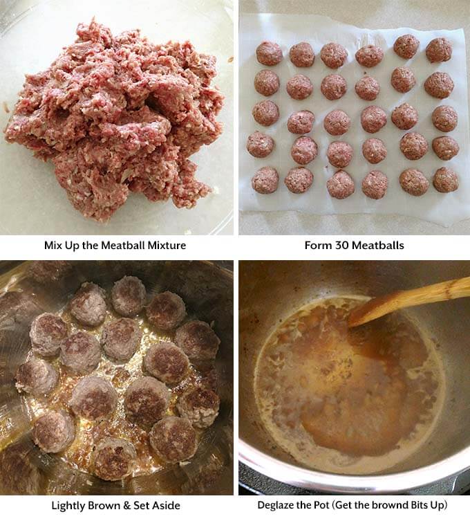 Four process images showing the mixing of the meatball mixture, forming the balls, browning the meatballs, then deglazing the pressure cooker pot
