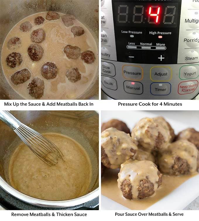 Four process images showing mixing up the sauce, adding in the meatballs into the pressure cooker, setting the pressure cooker cook time, removing the meatballs to thicken the sauce. and plating the meatballs with the sauce on a white plate