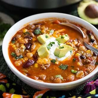Taco Soup in a white bowl