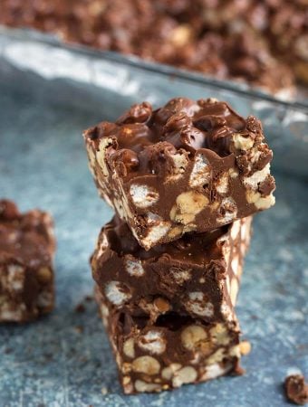 Closeup of Three stacked 5 Ingredient Chocolate Peanut Bars