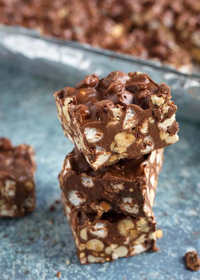 Closeup of Three stacked 5 Ingredient Chocolate Peanut Bars