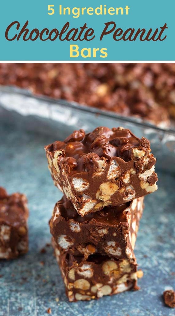 5 Ingredient Chocolate Peanut Bars are the perfect sweet treat. When you are craving chocolate, and want a touch of salt with it, the dry roasted peanuts add the right amount of salt and crunch. Marshmallows and butterscotch make these dessert bars even more decadent! simplyhappyfoodie.com #chocolatepeanutbars #rockyroadbars #chocolate #chocolatebutterscotchmarshmallow #Chocolatepeanutbutter