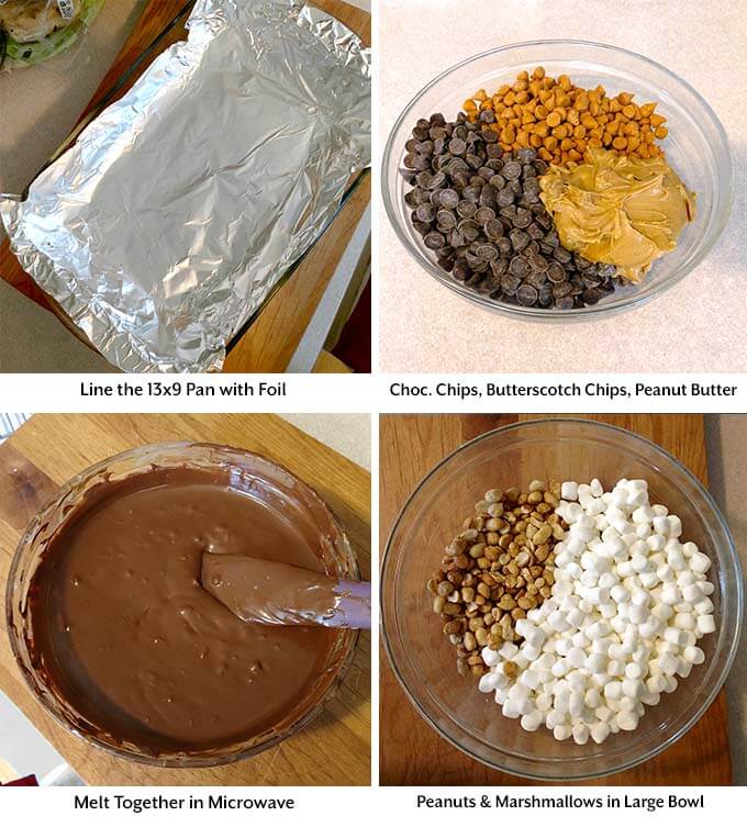 Four process images showing lining a pan with foil, combining melting ingredients in a glass bowl, melting and mixing, and adding remaining ingredients in a separate glass bowl