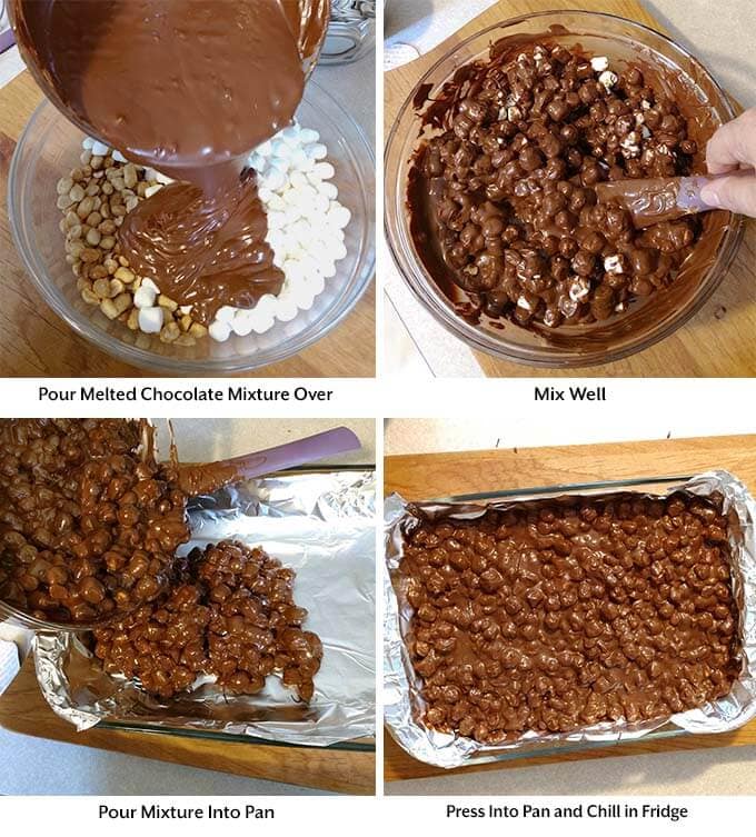 Four process images showing the mixing of all ingredients and placing on the pan