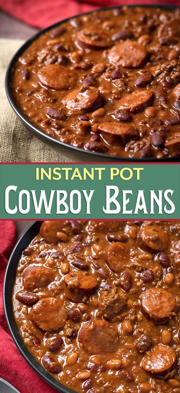 Instant Pot Cowboy Beans are super flavorful, rich and hearty with 3 kinds of meat! These pressure cooker Cowboy Beans can be a main dish or a side. Perfect for a pot luck or barbecue! simplyhappyfoodie.com #instantpotrecipes #instantpotcowboybeans #instantpotbakedbeans #Pressurecookercowboybeans #pressurecookerbakedbeans
