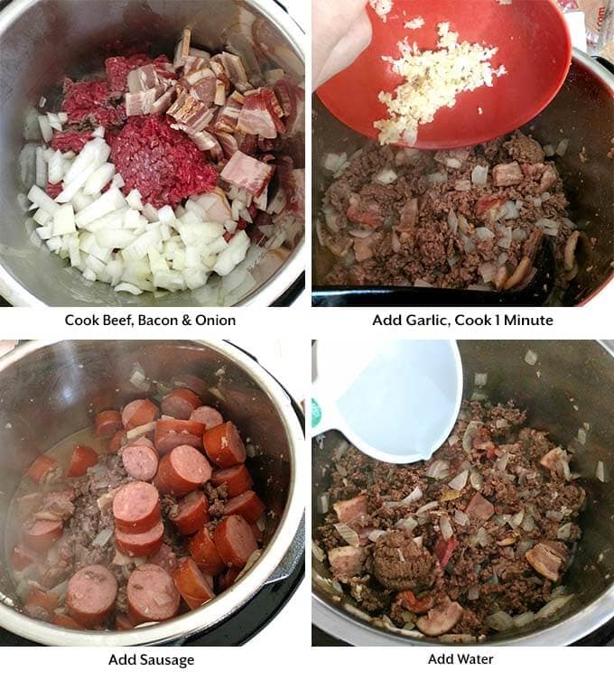 four process images showing the cooking of ingredients, addition of sausage and water into a pressure cooker pot