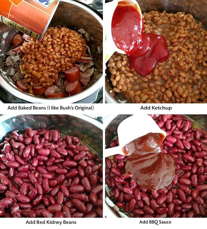 four process images showing the addition of beans, and sauces into the pressure cooker pot with the other ingredients