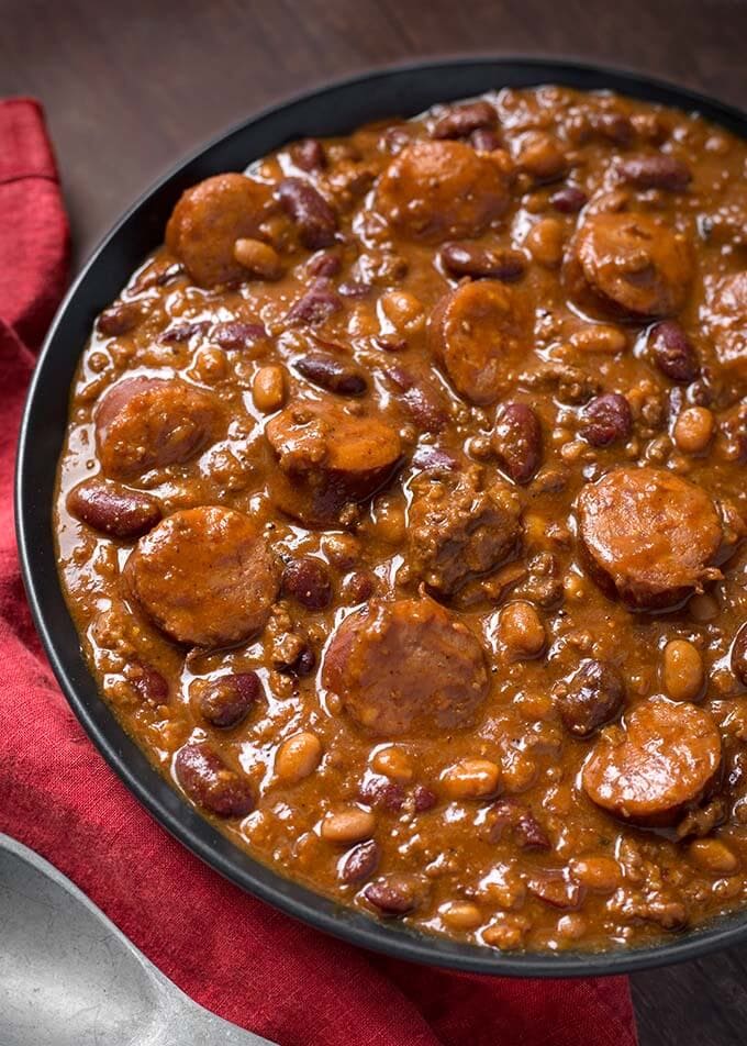 Cowboy Beans in a black bowl