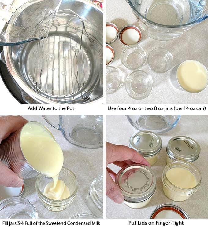 Four process images showing adding water to pressure cooker pot, preparing small jars, pouring  ingredient into jars, and placing lids on jars