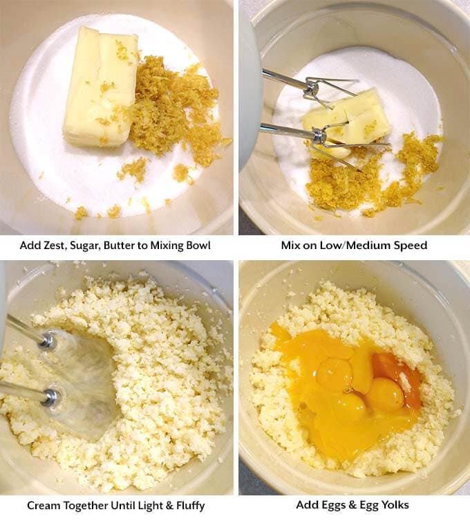 Four process images showing the addition of zest, sugar, and butter int a mxing bowl before being mixed and the addition of eggs