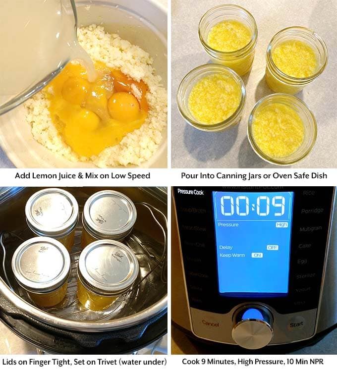 four process images showing the addition of lemon juice,before putting the mixture into  the small glass jars and placing them on a trivet in a pressure cooker and setting the cook time