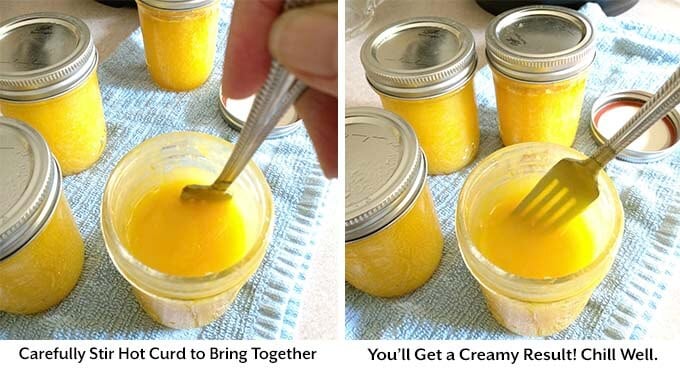 two process images showing the lemon curd being stirred with a metal fork inside of the glass jars