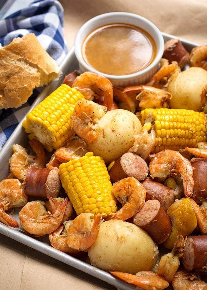 Instant Pot Low Country Shrimp Boil on a pan