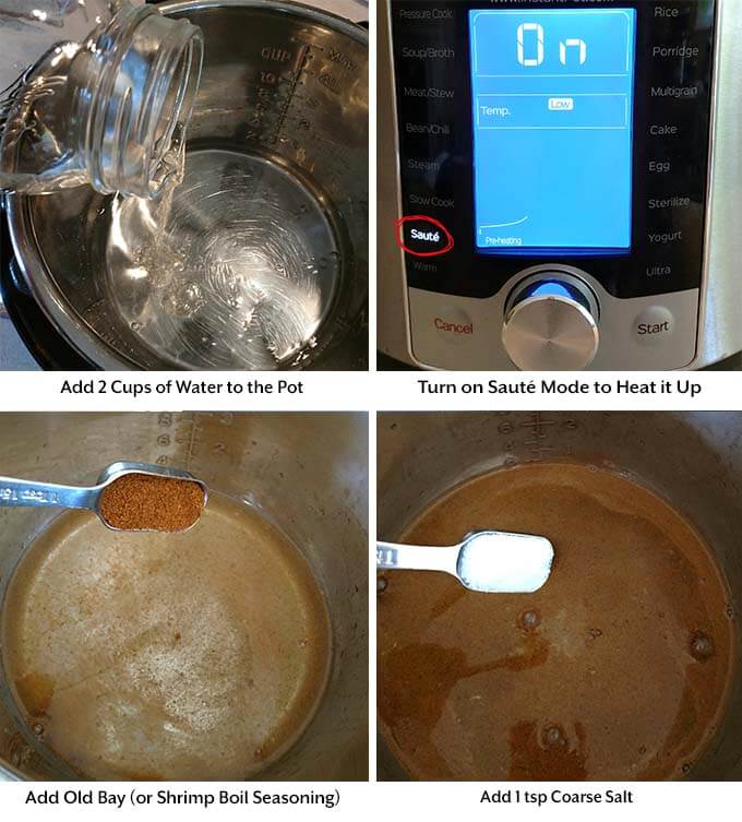 four process image showing the addition of water into the pressure cooker pot, turning on the saute mode of the pressure cooker, then adding the seasonings into the pot